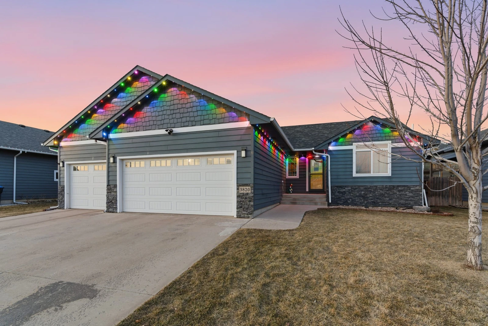 Twilight exterior with warm lighting