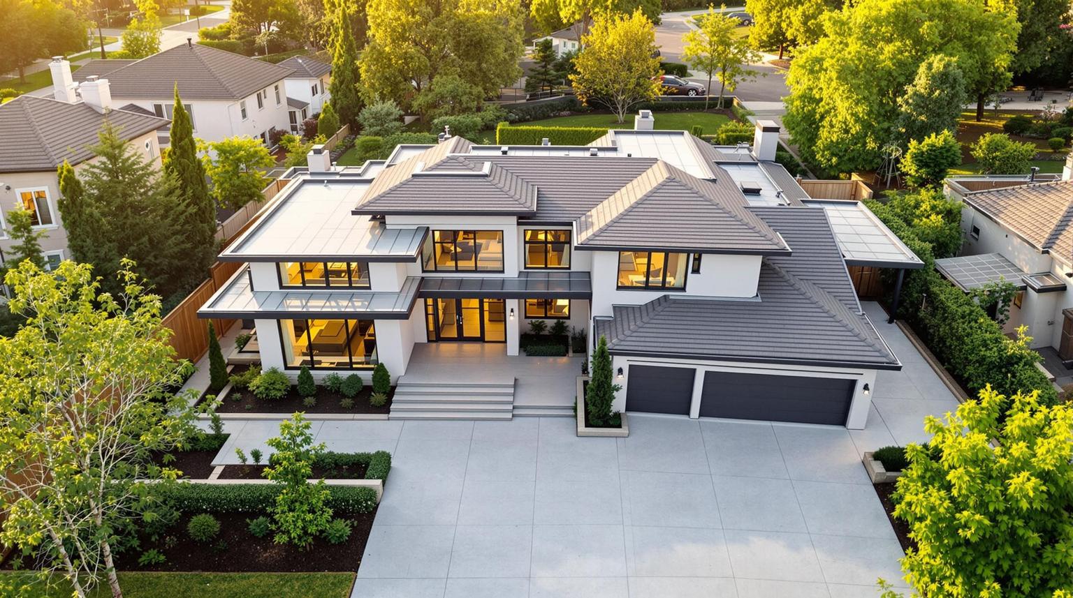 Aerial view of modern luxury home at golden hour